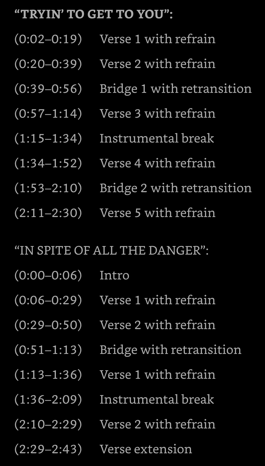 image of the text-based listening guide for Tryin' to Get to You and In Spite of All the Danger
